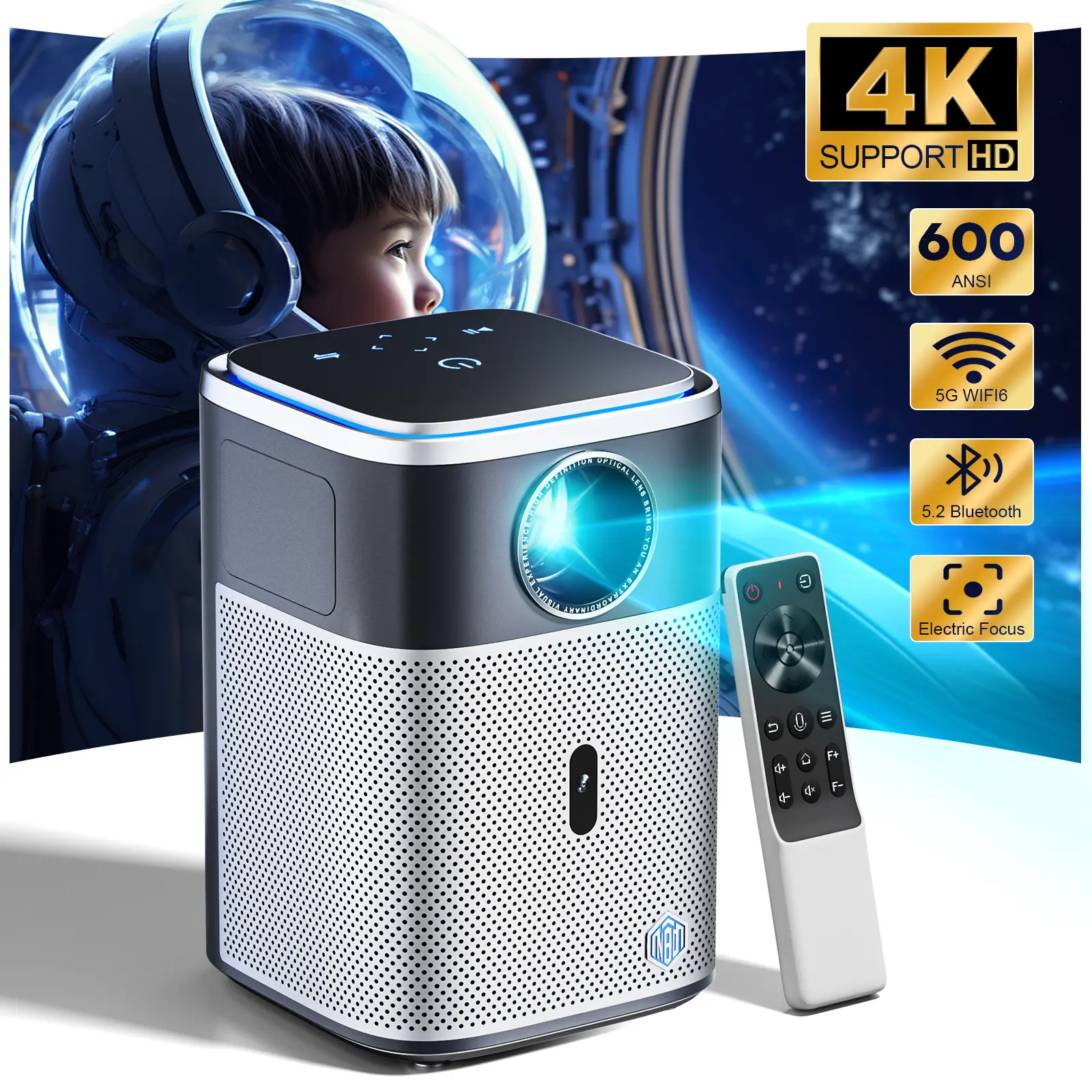 4K Projector with Wifi & Bluetooth Support Full HD 1080P Video 600ANSI Movie Projector Auto 6D Keystone Zoom 400" Max Bild