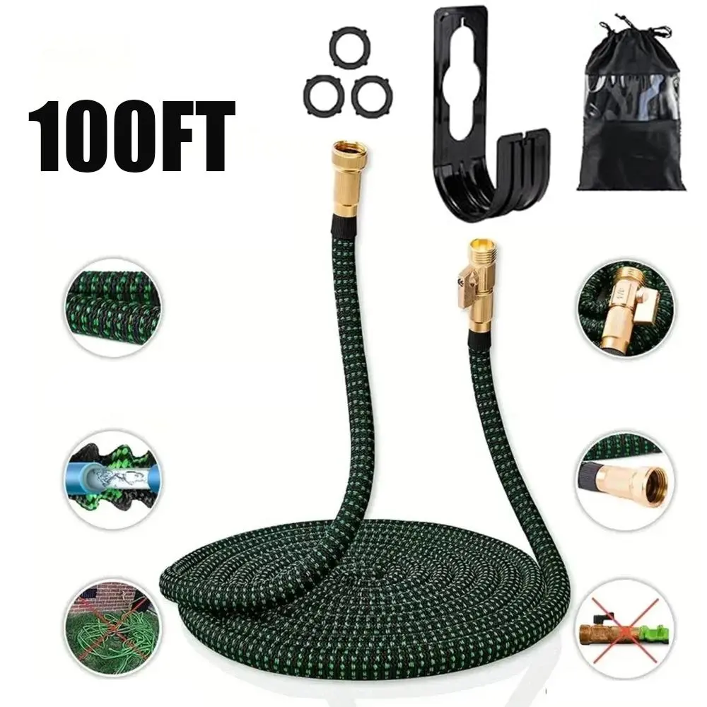 100FT Expandable Water Hose with 10 Function Spray Gun, Thickened Flexible Heavy Duty 4X Stronger, Kink-Free Brass Fittings for Garden Yard Car Wash Outdoor Use