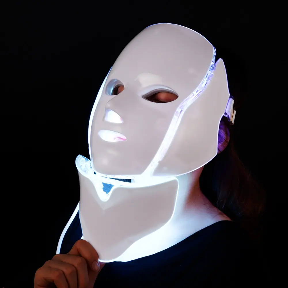 7-Color LED Face & Neck Mask, 8 Microcurrent Contacts Facial Care Tool, 665g Plastic Skincare Device with 110V-240V Adapter