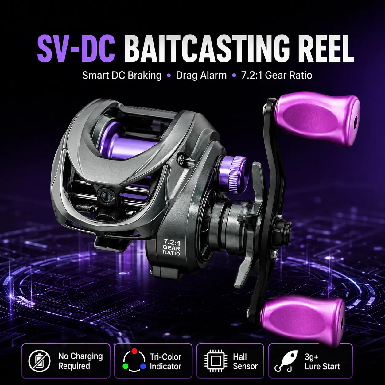 TRONMER SV-DC Smart DC Baitcasting Reel, Hall Sensor Electronic Brake, 7.2:1 Gear Ratio Drag Alarm, Tri-Color Indicator, 3g Micro Lure Start Anti-Backlash Lightweight Fishing Reel, No Charging Required for Freshwater Lure Bass Fishing
