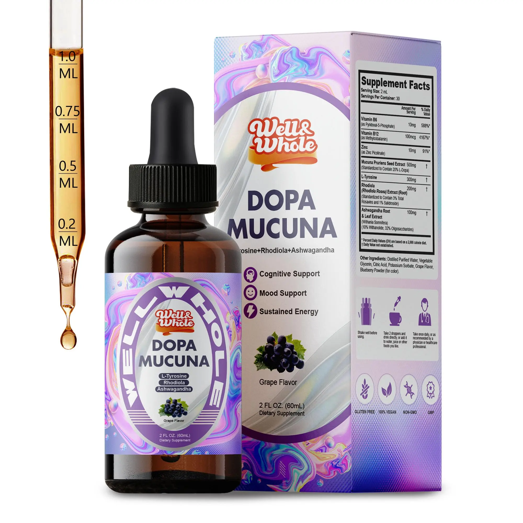 Well&Whole Gentle Natural Liquid Dopamine Vitamin Supplements for Adults - Mucuna Pruriens, L-Tyrosine, Ashwagandha Root&Leaf Extract, Rhodiola Rosea Botanical Extracts - GMP-Certified, Energy Booster, Jitter-Free Focus, Alcohol-Exempt, Sugar-Free, 60 mL