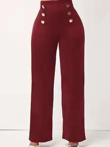 Elegant Button Accent High Waist Flare Pants, Fitted Solid Color Trousers, Casual All-Seasons Daily Wear, Unlined Straight-Leg Design