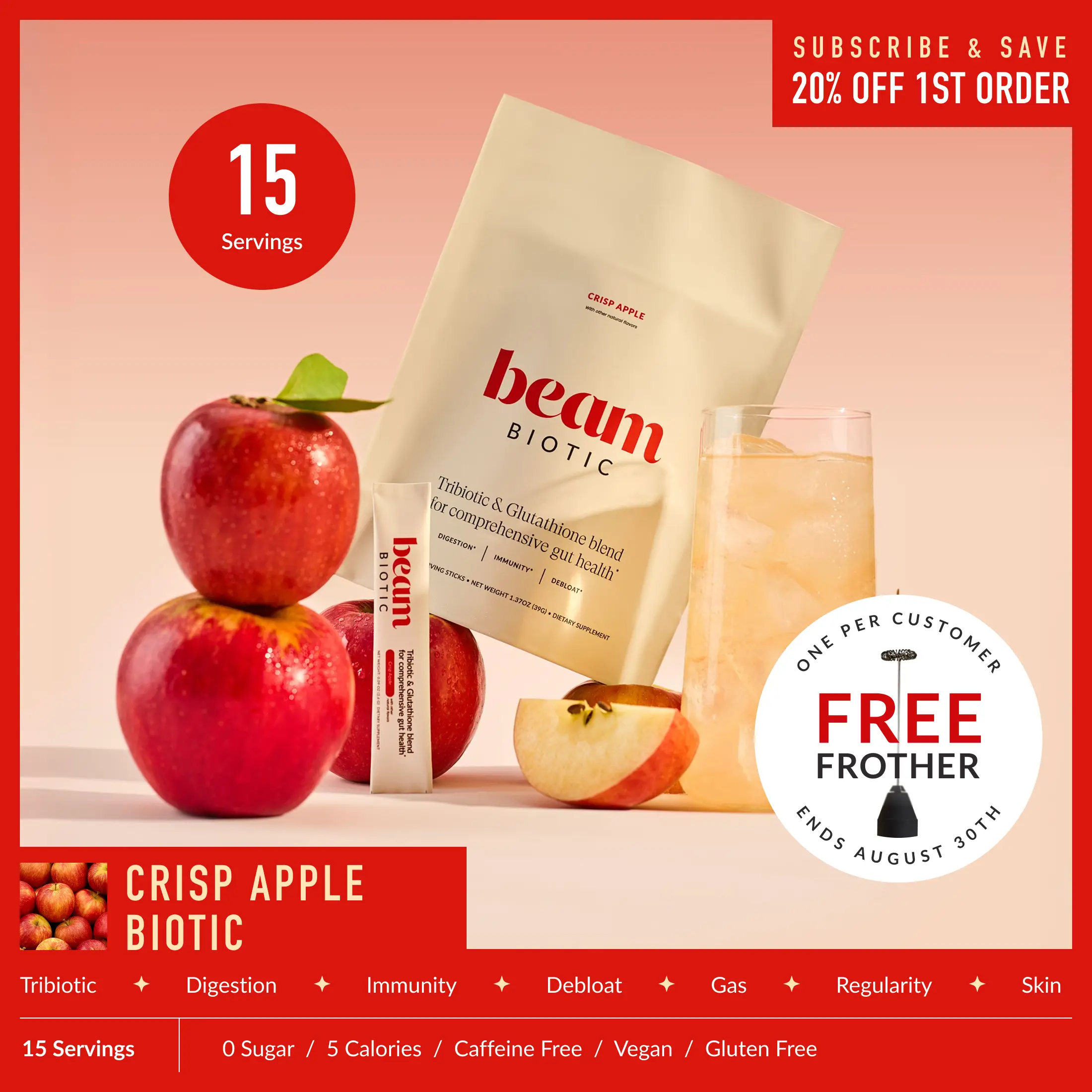 NEW! Beam Biotic Superblend Gut Health Vitamins - 15 Servings Single-Serve Sticks, Dietary, Gluten-Free, Dairy-Free, Bloating Relief, Gut Support, Mixed Berry/Blue Raspberry/Citrus Lemonade Flavors, Pre+Pro+Postbiotics+Glutathione | Back to school