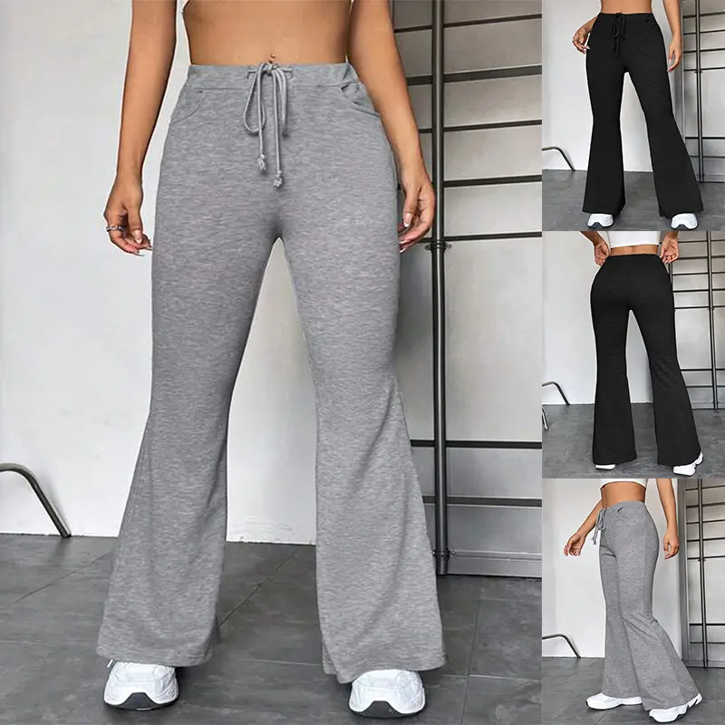 Women's Light Polyester Casual Street Style Mid-Waist Flared Yoga Trousers - Contrast Stitching, Side Pockets, Lady's Bottoms, Lightweight Stretchy Pants, Sporty Pants, Stretch-Fit Pants