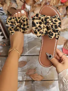 Leopard Print Bow Flat Slide Sandals, Open Toe Slip On Slippers for Summer Outdoor Wear, Vacation Style Casual Shoes