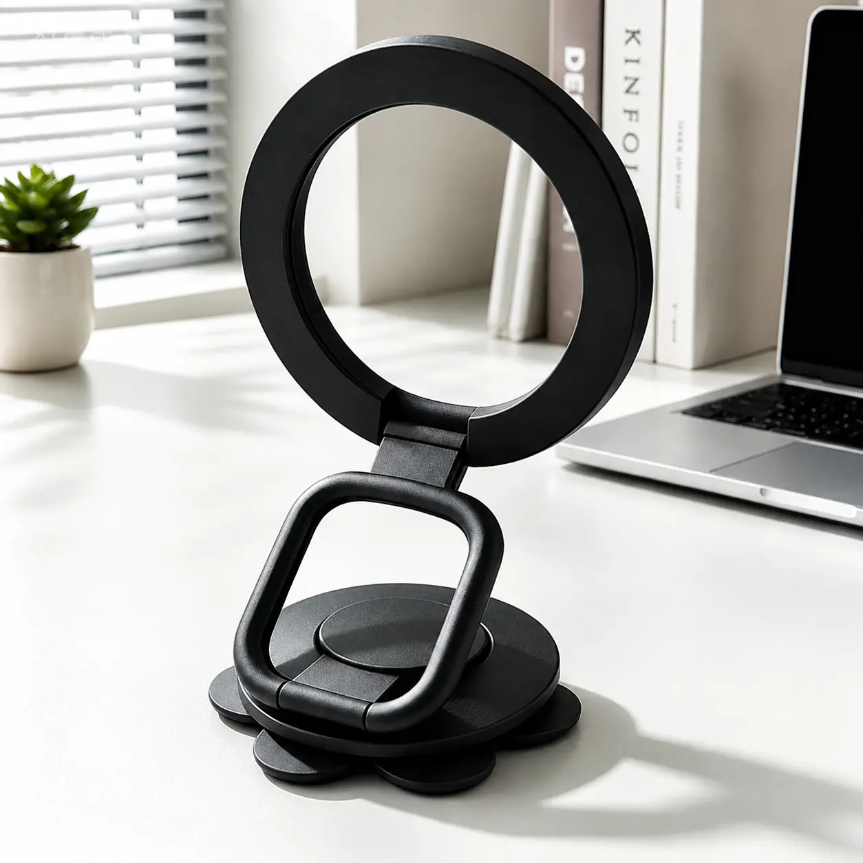 MagSafe Ring Phone Holder - Multifunctional Magnetic Mount Accessories for Smartphone & Cellphone, 2-in-1 Double-Sided Seamless Silicone Adsorption, Strong Magnetic Core, Adjustable Foldable 3-Fold Z-Shaped Shock-Absorbing Hinge, Car & Bathroom Mirror Use