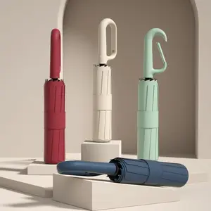 Ring Buckle Automatic Folding Umbrella – Windproof 10–12 Rib Compact Travel Umbrella with C-Shaped Handle and UV Protection for Sun and Rain