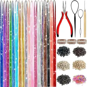 18 Colors Hair Tinsel Kit 7600 Strands Fairy Hair Tinsel Extensions Heat Resistant Holographic Hair Glitter Kit for Girls & Women DIY Sparkle Hair Accessories for Party Festival Concert Braiding Beauty Kit Reusable Hair Decoration