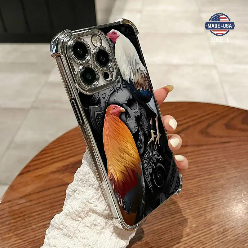 Cool Humorous Skull Two Roosters Pattern Four Comers Air Cushion Anti-drop phone case Suitable for iPhone 16 15 14 13 12 11 Pro Max Plus electroplated anti drop case Screen Protector Protection Protective Cover Smartphone Casing Shockproof Cellphone