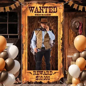 Cowboy Party Decoration, Western Wanted Photo Banner, Fun Frame Banner, Yard Sign Banner, West Wanted Photo Booth Prop, Wild Western Selfie Banner for Party Retro Rustic Decoration, Ornaments