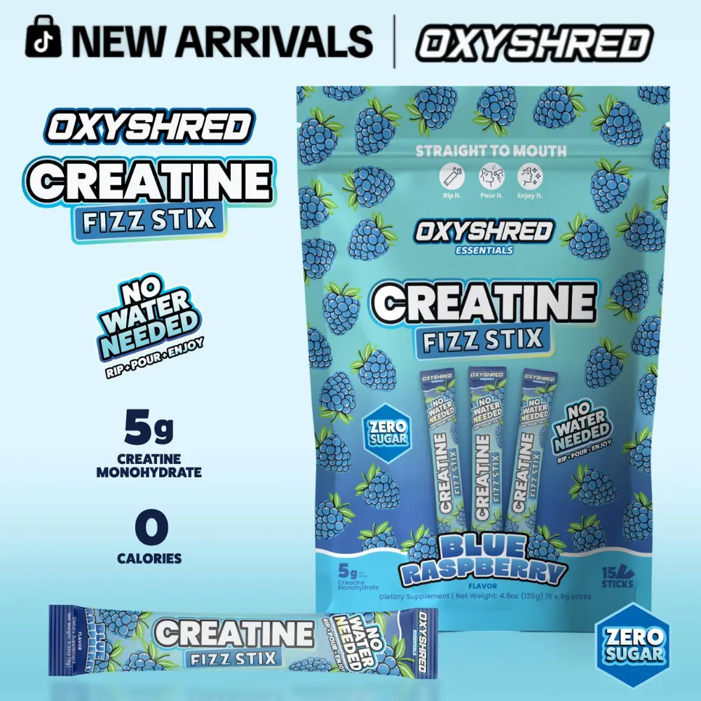 EHPlabs OxyShred Creatine Fizz Stix - Sugar-Free Single-Serve  Sherbet, 5g Creatine Monohydrate, No Water/Shaker/Mixing, Supports Athletic Strength, 15 Rip & Pour Sticks, 3 Flavors