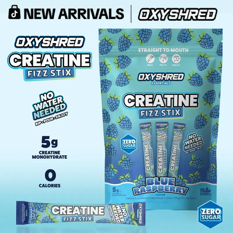 OxyShred Creatine Fizz Stix - Strength & Workout Performance Support - 5g Creatine Monohydrate per Stick - Zero Sugar - No Water, No Shaker: Rip & Pour, 15 Sticks