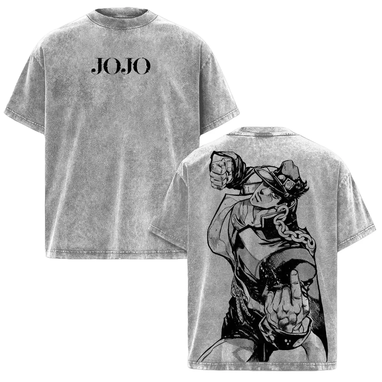 Men's Jotaro Kujo Vintage Washed Cotton Anime Style Round Neck Short-Sleeve T-Shirt - Casual Oversized Graphic Top, JoJo’s Bizarre Adventure Retro Streetwear Gift for Fans, Classic, Cotton Graphic Tees, Tshirt, Shortsleeve, Cotton Fabric