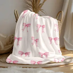Bowknot Print Flannel Blanket - Soft, Vintage-Inspired Design with Pink Bows on White, All-Season Comfort for Home, Office, Camping & Travel, Machine Washable, Perfect for Halloween & Christmas Decor, Travel Accessory | Playful Pattern | Soft Texture
