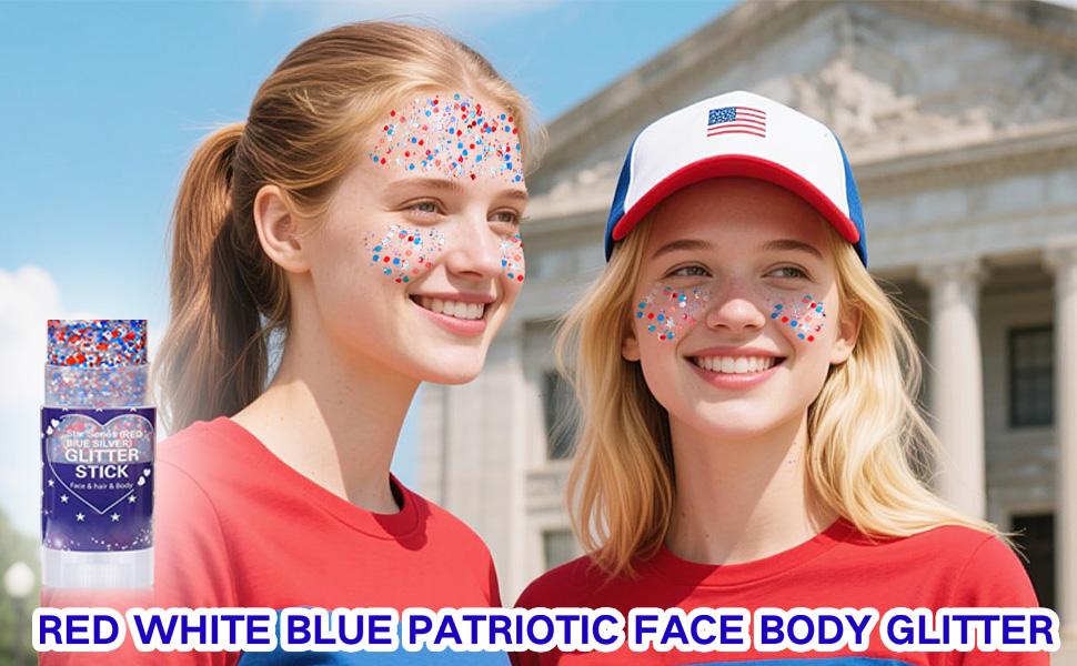 Red White and Blue Star Face Glitter Stick,Waterproof Body&Hair Glitter,Patriotic USA Flag Sparkle Stick for World Soccer Game Independence Day 250 Anniversary Makeup，Outfit Accessories for Kids, for Independence Day Party, Festival & Fun Holiday Look
