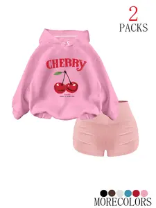 Women's Fall Winter Hooded Drawstring Funny Sweatshirt Set, Casual Loose Fit Cherry Print Pullover, Fashion Pocket Design, 2 Piece