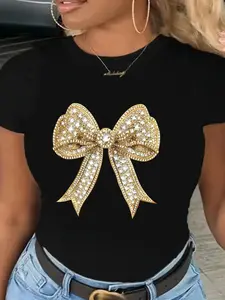 Women's Rhinestone Decor Bow Print Round Neck Tee, Crew Neck Short Sleeve T-shirt for Daily Holiday Vacation Outdoor Wear, Ladies Clothes for Summer, Crewneck Top, Casual Fashionable Top