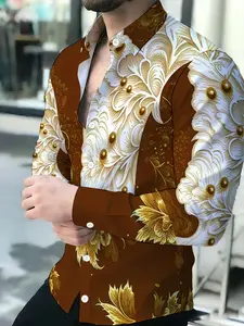 Men's Printed Long Sleeve Shirt, European Vintage Pattern Fitted Top, Fashion Trendy Men's Clothing, Casual Style, Spring & Fall