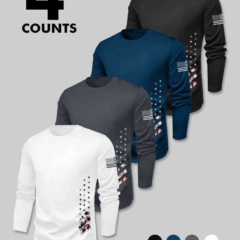 Men's Round Neck Long Sleeve Casual Fitted T-Shirt, Casual Menswear, Fall & Winter Moderate Fabric H-Type Silhouette Regular Fit Top, Casual Stylish Tee