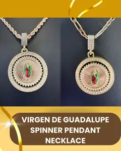 14K GP Virgen de Guadalupe Spinner Pendant 2" Cubic Zirconia Figaro 24" 8mm or Cuban Chain 24" 8mm Religious Piece Unisex Men Jewelry for All Occasions