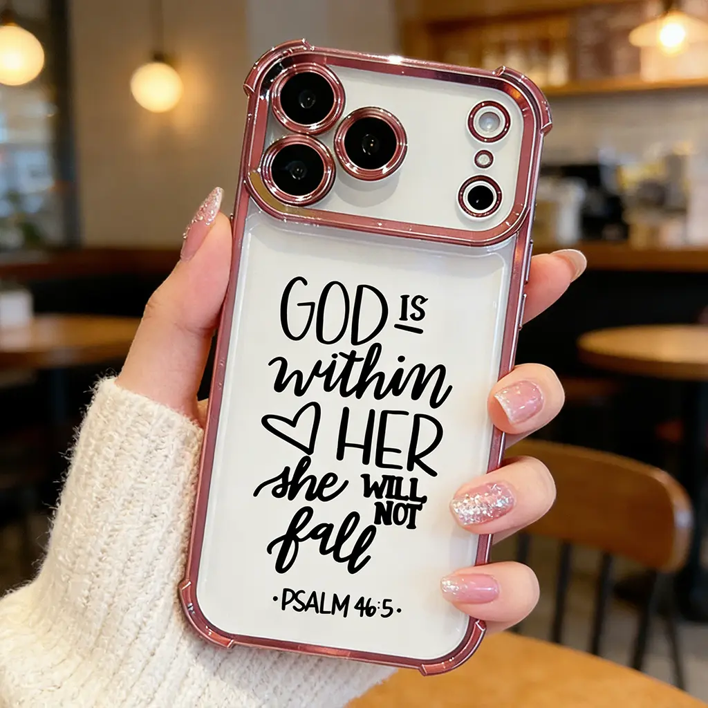 Christian Bible Verse Phone Case with Protection for iPhone 17,16,15,14,13,12,11 Pro Max Plus Air - "God Is Within Her She Will Not Fall" Psalm 46:5, Rustic Shockproof Soft TPU Silicone Cover, Girls Faith Casing, Smartphone Accessories, DDSJ260407022, P,,