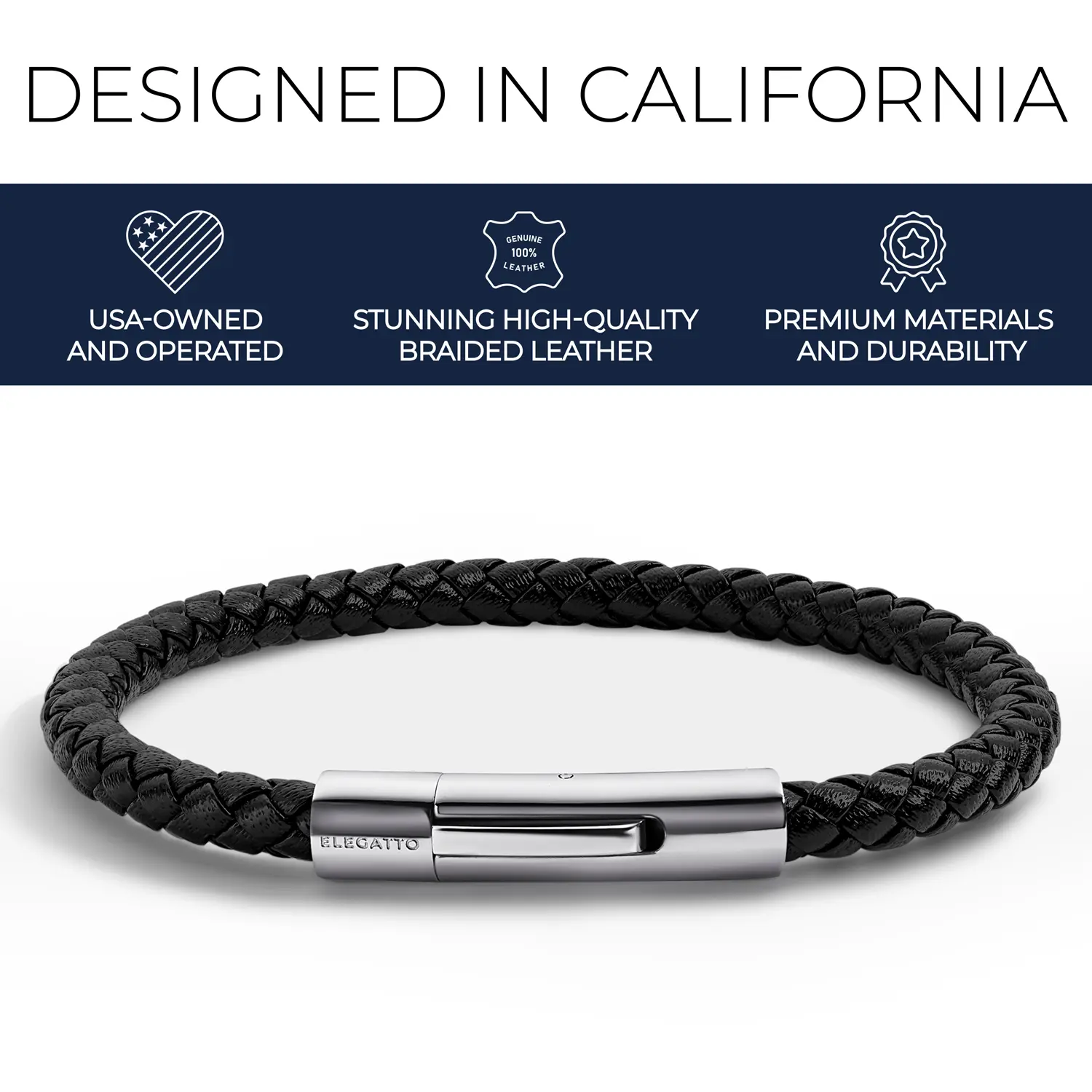 Elegatto Elagio Premium Braided Leather Bracelet for Men | Full-Grain Braided Leather with Sterling Silver Polished Stainless Steel Clasp | Men’s Designer Bracelets