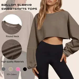 Imily Bela Womens Long Ballon Sleeve Sweatshirts Tops Cropped Crew Neck Loose Fit Casual Workout Shirts