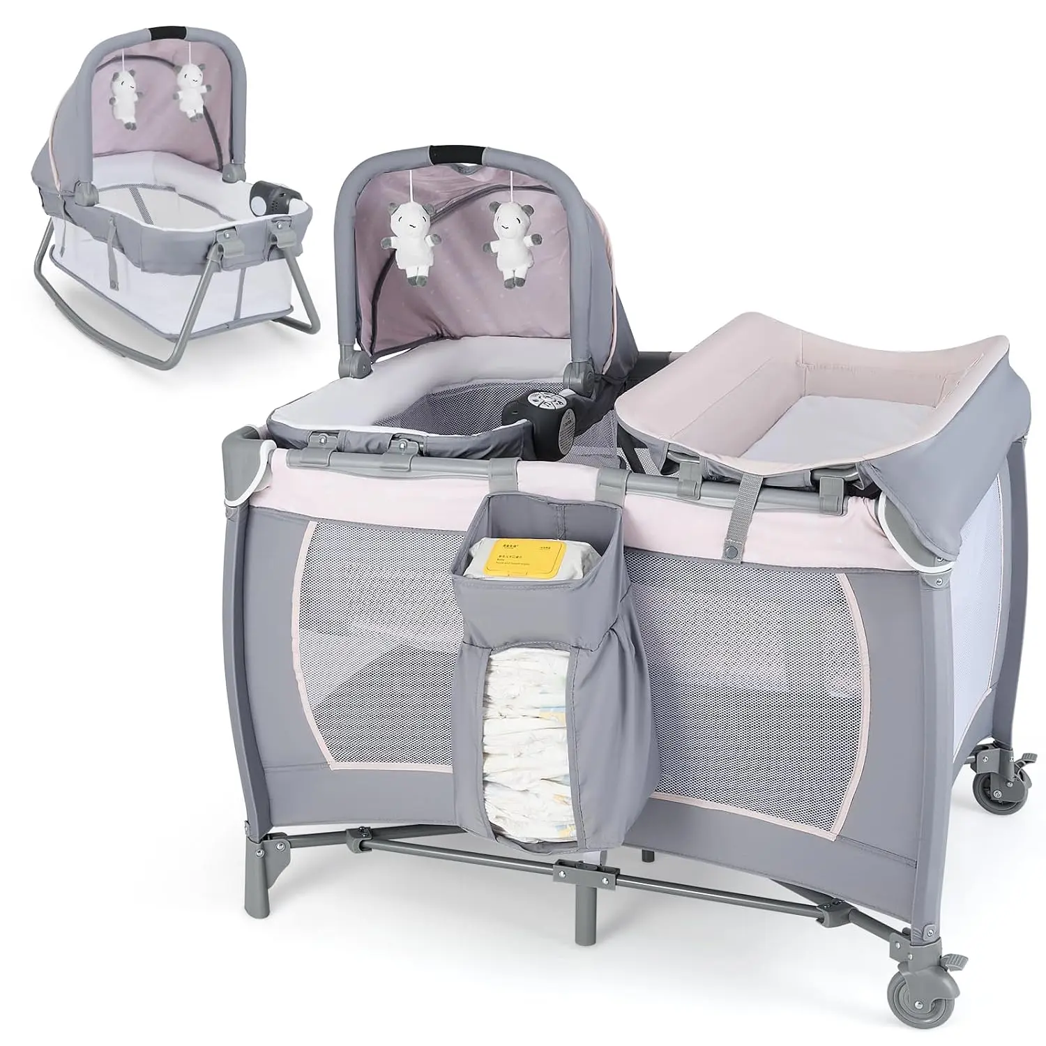 Pack and Play with Bassinet, Infant Pack and Play w/Newborn Cradle & Hanging Toys, Diaper Storage, Music, Portable Baby Playard w/Changing Station