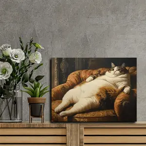 2D Fat Cat Canvas Wall Art, Leisurely Couch Cat Portrait, Wooden Frame, Perfect for Wedding, Anniversary, Graduation, Bachelorette, Halloween Decor - 11.8x15.7 inches