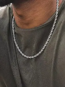 Men's Silver Color Twisted Necklace, Casual Style, Durable Stainless Steel, 3mm Wide Chain, Non-Fading Design, Perfect Gift