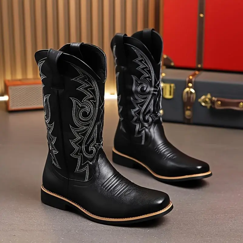 Men's Retro Western Cowboy Boots with Intricate Embroidery, High Shaft Footwear for Outdoor Sports & Outdoor Activities