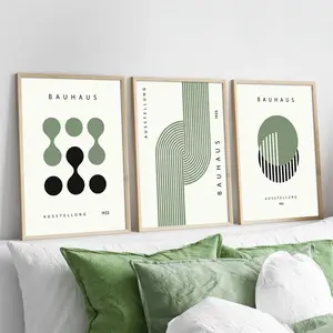 Set of 3 Green Bauhaus Abstract Geometric Wall Art Canvas Print, Bauhaus Exhibition Poster, Modern Poster, Gallery Wall Art, Bauhaus Print Set, Ideal Gift for Bedroom and Living Room Corridor, Room Decoration, Wall Decoration, Office Decoration, Frameless