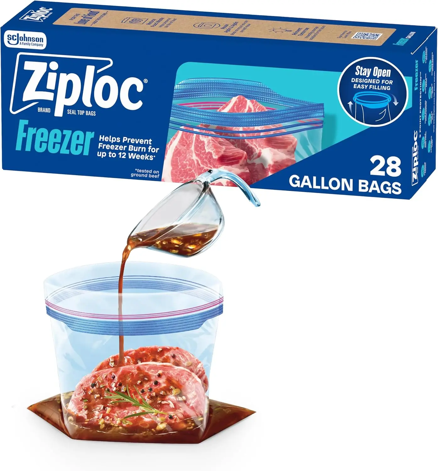 Ziploc Gallon Food Storage Freezer Bags, Stand-Up Bottom, Easy to Fill, 28 Count