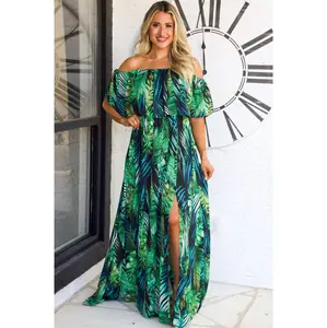 Tropic Ease Off Shoulder Palm Maxi Dress: Green/Black