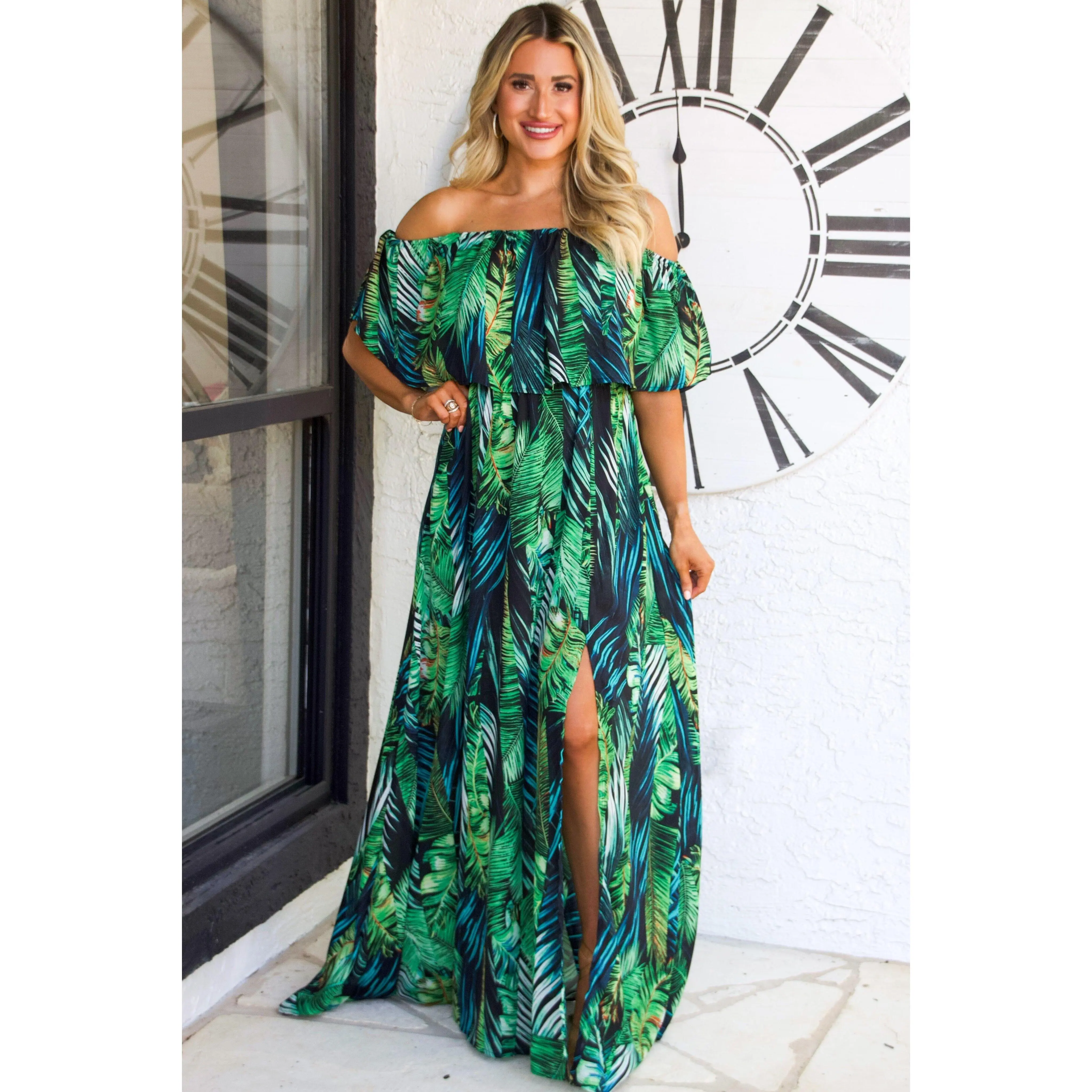 Tropic Ease Off Shoulder Palm Maxi Dress: Green/Black - TikTok Shop Tropic Ease Off Shoulder Palm Maxi Dress: Green/Black - TikTok Shop