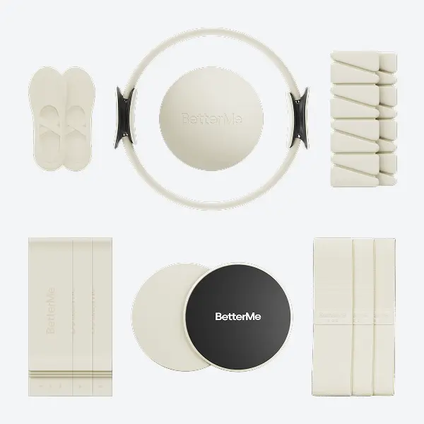 BetterMe Ivory Compact Pilates Kit - 7-Piece Set for Full Body Workouts with Ring, Sliders, Ball, Workout Bands & Socks, Workout Band