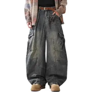 Baggy Barrel Jeans for Men Wide Leg Cargo Jeans Loose Distressed Denim Oversized Pants Fashion Casual Clothes