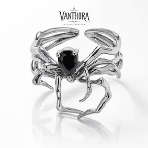 [VA RA] Black Resin Spider Open Ring for Men Women, Dark Gothic Adjustable Statement Ring, Punk Y2K Grunge Alt Streetwear Jewelry, Daily Party Concert Birthday Holiday Gift for Him Her
