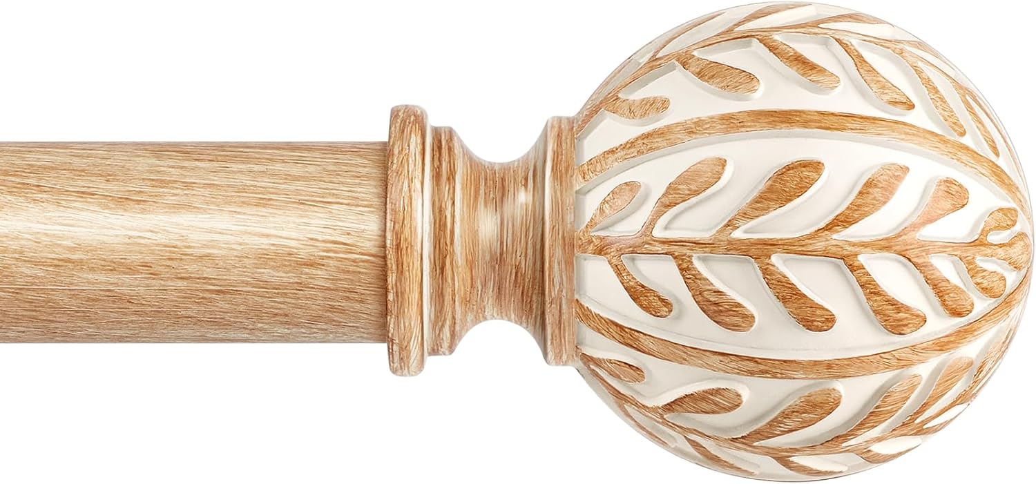 Inovaday Wood Curtain Rods for Windows,1 Inch Heavy Duty Boho Drapery Rods with Imitation Wood Grain Olive Leaf Motif Finials, Rustic Decorative Curtain Pole Set