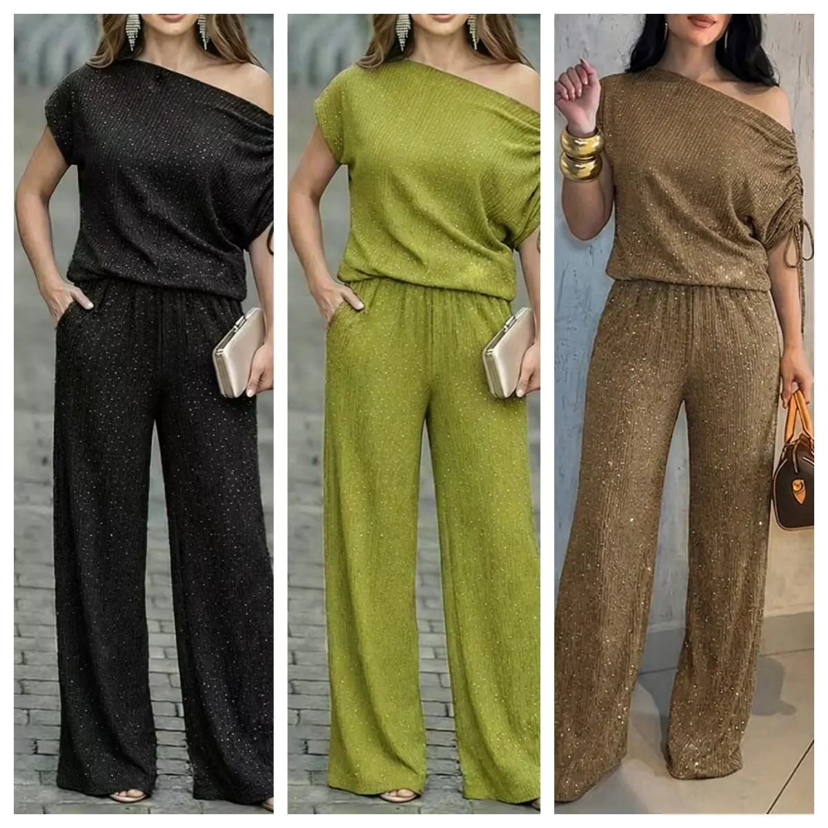 Off-shoulder drawstring sequin suit for women, new summer style, elegant and slimming two-piece set with wide-leg pants