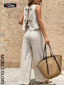 2-Piece Vintage Plaid Sleeveless Vest Set, Wide-Leg Pants Summer Women's, Elegant Slim-Fit Long Pants, All-Season Fashion, Chic Womenswear