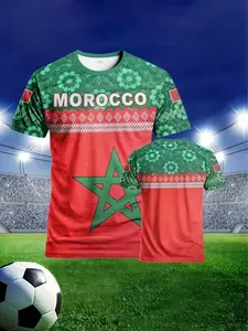 Quick-drying and breathable men's Morocco national team themed fan T-shirt, 3D print, red and green contrasting six-point star design, flag element football culture shirt, Soccer Shirt, Jersey Shirts