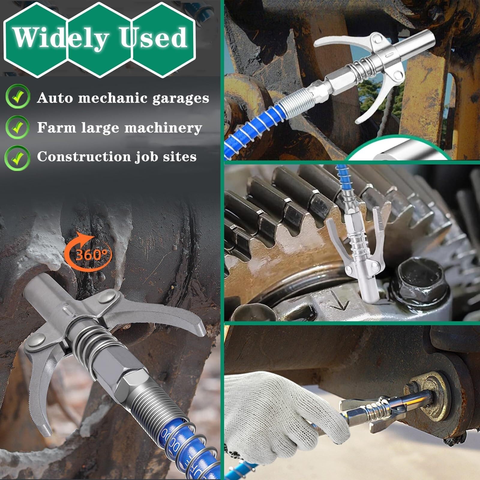 Locking Grease Gun Coupler with Flexible Hose, Leak-Proof Quick Release 6-Jaw Grease Gun Tip for 1/8" NPT Fittings, Rated 10000 PSI for Manual Pneumatic Battery Grease GunsAdjustable Stainless Steel Tool Set