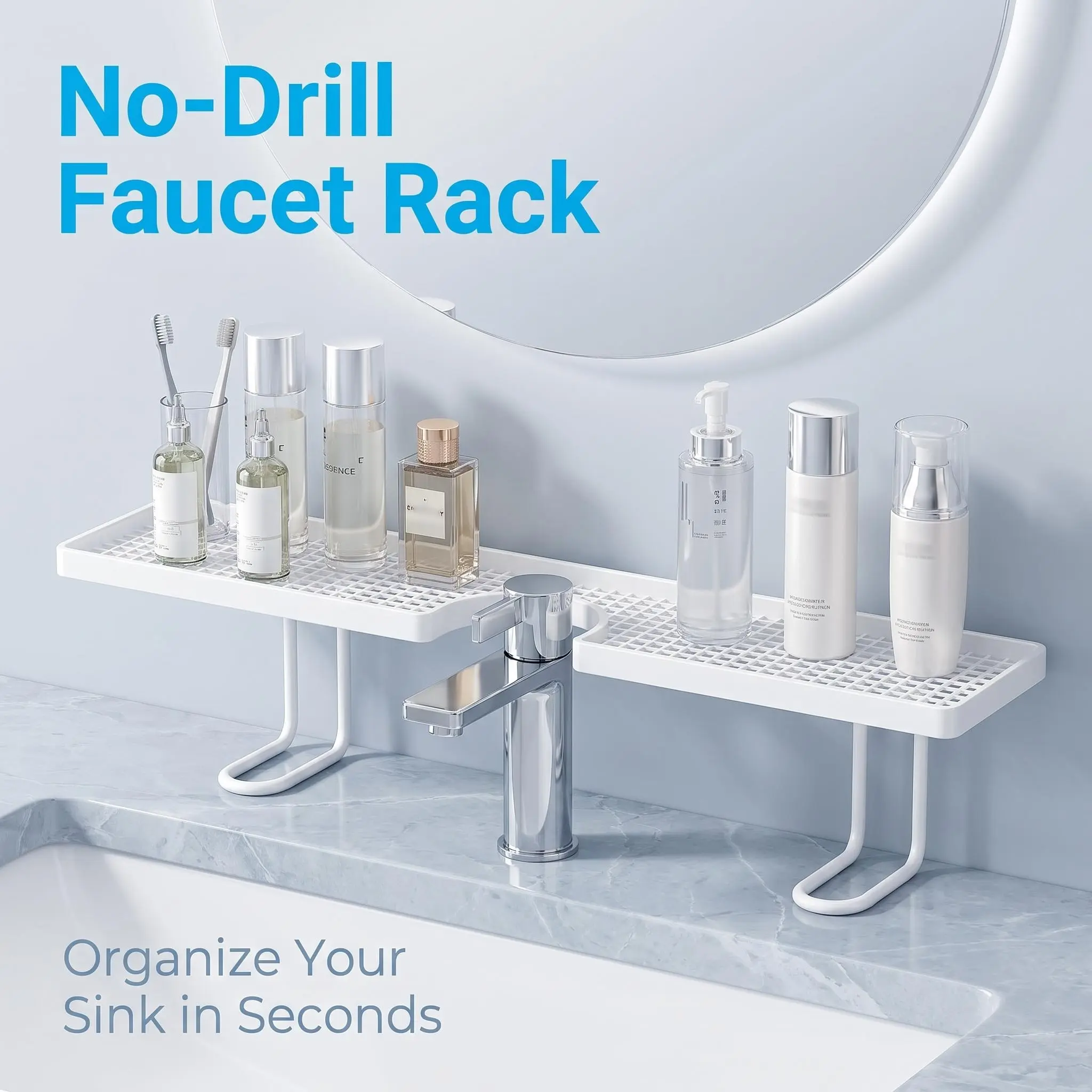 No-Drill U-Shape Bathroom Sink Caddy - Rust-Proof Carbon Steel Rack, Renter-Friendly Alternative to Wall Suction Shelf, Bathroom Organizer Gadget