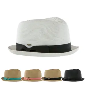 C.C Straw Fedora Hat with Color Square Ribbon for Women