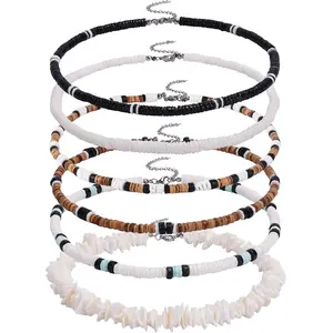 Hawaiian Seashell Necklaces Set - 6Pcs Puka Shell Necklace for Men White Seashell Necklace Summer Beach Surfer Necklace Coconut Beads Hawaiian Pooka Choker with Alloy Clasps & Extension Chains - Beachwear Jewelry