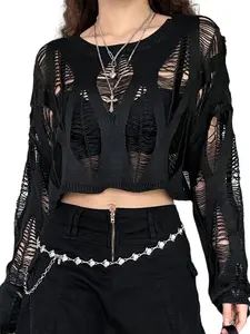 Gothic Style Hollow Out Top, High Waist Shoulder Reveal Fishnet Mesh Cardigan, Unique Design Long Sleeve Knitwear for Concerts, Sports, Daily Commute Womenswear Knitting