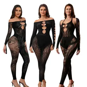 3 Pack Women's Sexy Lace Bodysuit Set - Cut Out Mesh Jumpsuit, Heart & Leopard Print Rhinestone Teddy Lingerie, One Piece Clubwear Catsuit