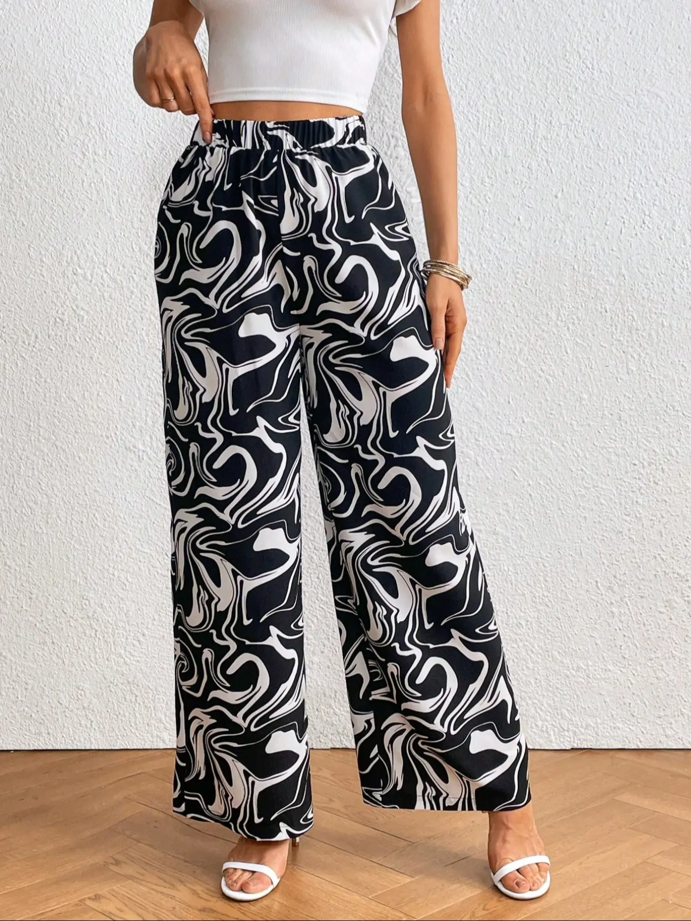 New High Waist Elastic Pants, Drapey Casual Marble Print Straight Leg Long Pants for Women, All Season Trousers, Comfortable and Stylish Fashion, Everyday Casual Chic Trousers, Casual Lounge Pant, Casual Wear Bottoms