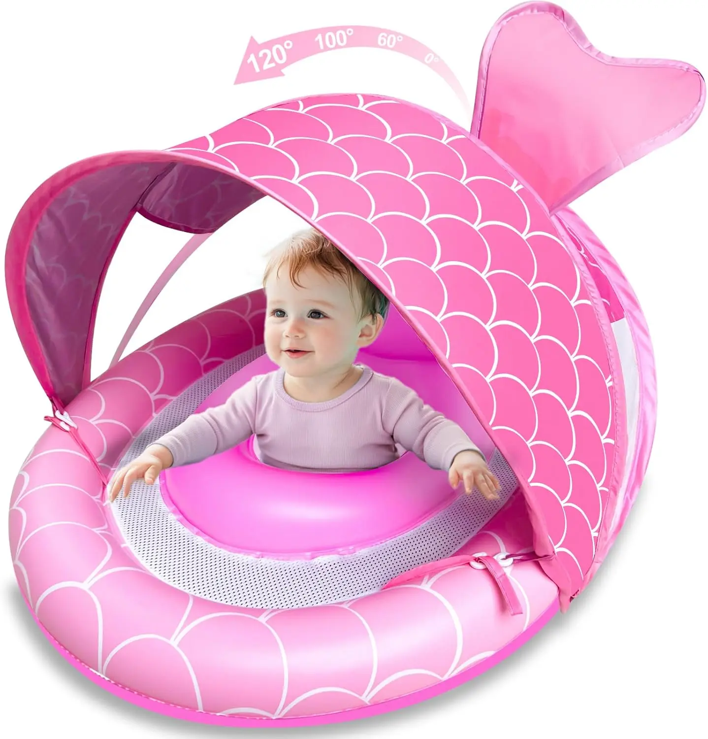 Baby Float with Canopy for Age 6-36 Months, UPF50+ Sun Protection 4 Stage Adjustable Canopy Dual Air Chambers Adjustable Safety Seat Inflatable Swim Pool Float for Baby Toddler